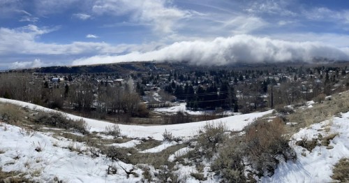 A panoramic view of Red Lodge, Montana, on a snowy day.