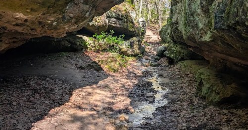 A trail leads through a narrow gorge with high rock walls.