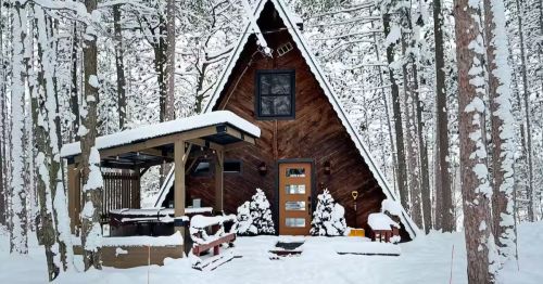 A-frame cabin in the snow