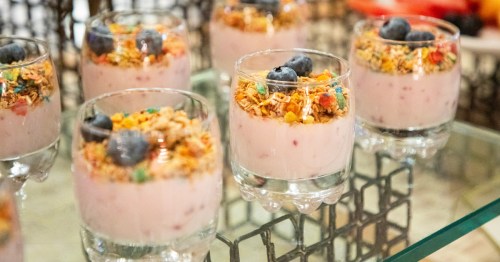 Yogurt parfaits topped with berries and granola await guests in glasses at the breakfast buffet at The Broadmoor Hotel in Colorado Springs, Colorado.