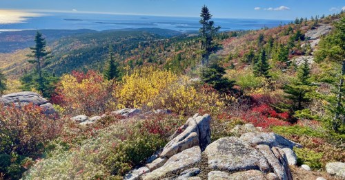 Fall foliage and distant islands seen from the rocky summit of the Cadillac Mountain North Ridge and Gorge Path Loop.