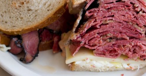 A close-up of a meat sandwich.