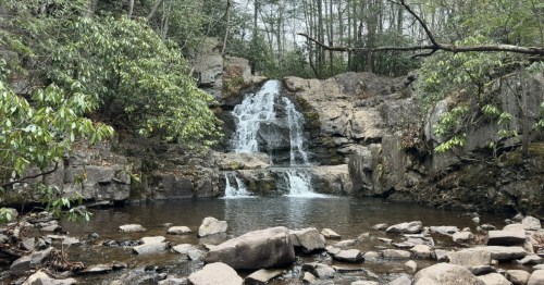 Hawk Falls, a tiered waterfall over rocky ledges, surrounded by trees and mossy rocks.
