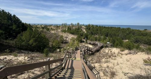 A staircase going down sand dunes.