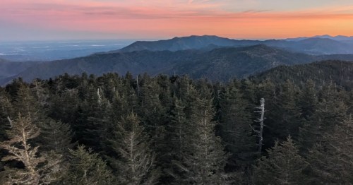 A sunset view of the Great Smoky Mountains seen from the Kuwohi Observation Tower in North Carolina.