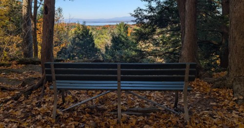 Bench at Niquette Bay State Park overlooking Lake Champlain and the Green Mountains in autumn.