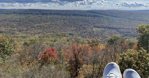 Expansive forested view from the Table Rock Viewpoint, with autumn colors and feet in the foreground.