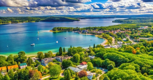 Green trees and homes surround a harbor with a blue sky and clouds.