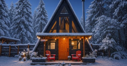 An A-frame cabin with red chairs on its front porch is surrounded by a forest and covered in a light blanket of snow.