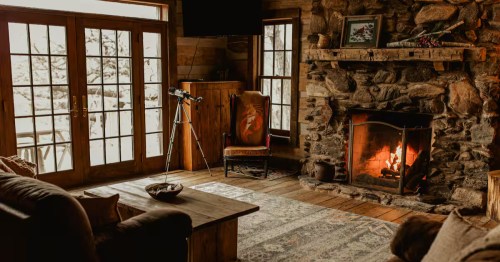 Dark wood walled cabin living room with a stone fireplace