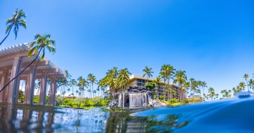 A water-level perspective from inside the saltwater lagoon at Hilton Waikoloa Village, looking toward a rocky waterfall feature and tropical palm trees under a bright blue sky.