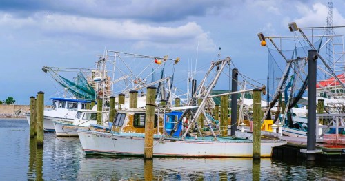 A marina on Lake Pontchartrain in Louisiana, with several fishing boats on a cloudy, overcast day.