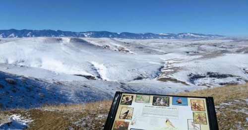 A snow-dusted landscape in Wyoming, with an interpretative sign and snowcapped mountains in the distance.