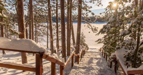 Snow-covered stairs leading to a lake.