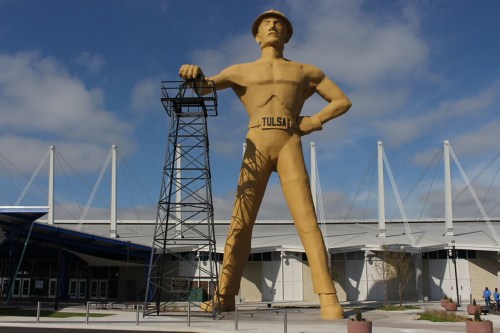 The Golden Driller is a 76-foot-tall statue in Tulsa, Oklahoma, that's a popular attraction along Route 66.