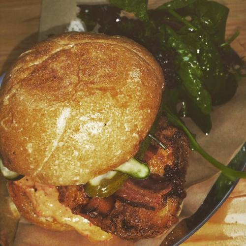 Close up of the award-winning fried chicken sandwich from Butcher & Baker Provisions
