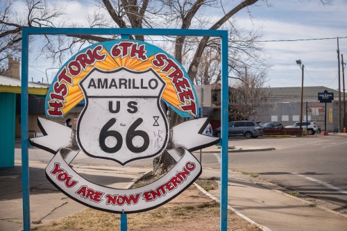 Route 66 sign welcomes visitors to Amarillo, TX.