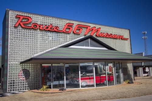 Exterior of the Route 66 Museum which has exhibits on the various decades the famous highway was the main thoroughfare through the United States.