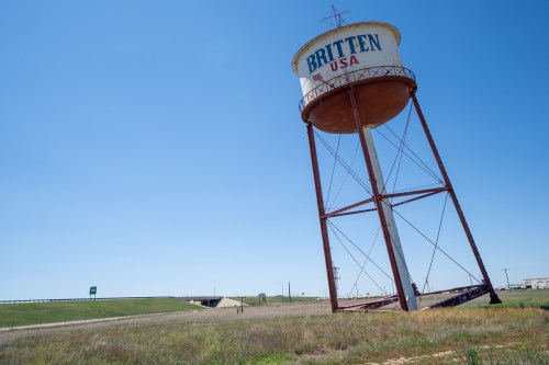 Groom, Texas - May 6, 2021: The famous Britten USA water tower, also known as the Leaning Tower of Texas, a famous Route 66 attraction