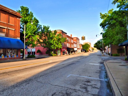 Route 66 historic downtown Sapulpa, Oklahoma in early morning during summer