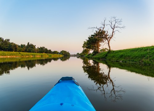 Close up shot of a blue kayak at Lake Overholser, Oklahoma
