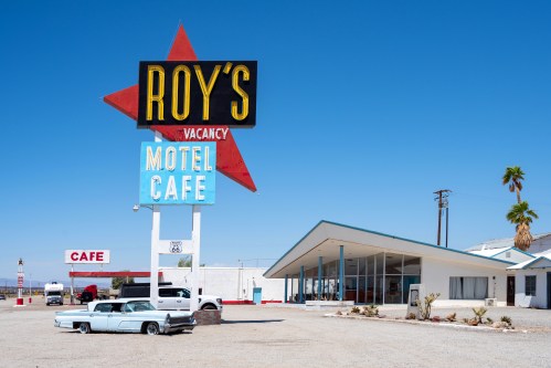 San Bernardino, California - May 14, 2023: Retro Gas station in Mojave Desert along the U.S. Route 66