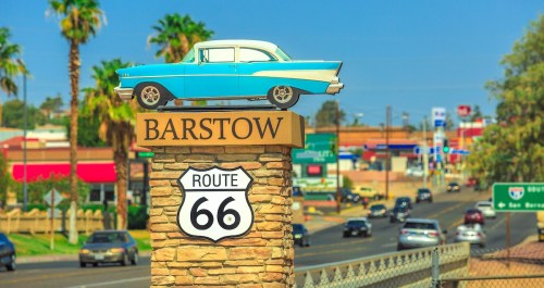 Barstow, California, United States - August 15, 2018: Barstow Sign on Route 66 on entrance of the city Main Street. Barstow is an important crossroads between Los Angels and Las Vegas.