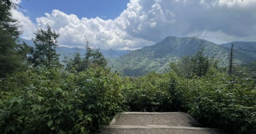 A concrete staircase overlooking the Smoky Mountains in Tennessee.