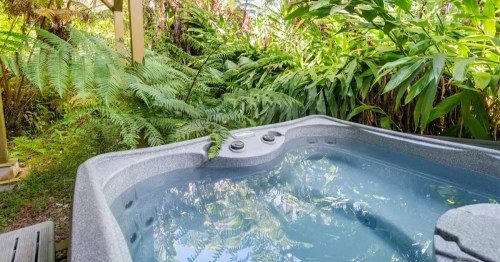 Lush green plants surround a hot tub at an Airbnb in Hawaii.
