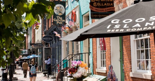 Colorful shops, restaurants, and businesses line the streets of Baltimore, Maryland