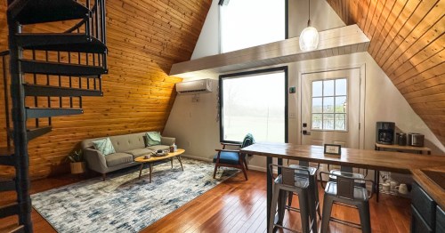 Interior of an A-frame cabin Airbnb in Illinois' Shawnee National Forest