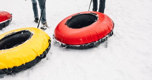 Red and yellow inflatable snow tubes