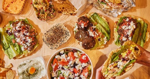 Various Mediterranean dishes from the Iris Mezze restaurant at The Lineup food hall in Boston, MA.