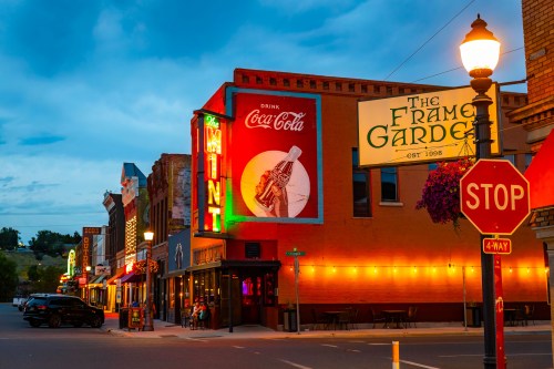 Colorful, illuminated downtown streets of Livingston at night