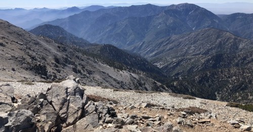 A view of steep mountains and rocky terrain from Devil's Backbone in Southern California.