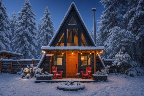 Cozy a-frame cabin covered in snow