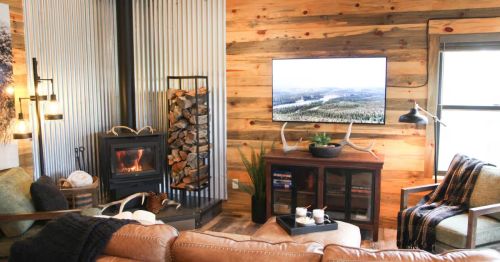 A wood-burning stove in a living room.