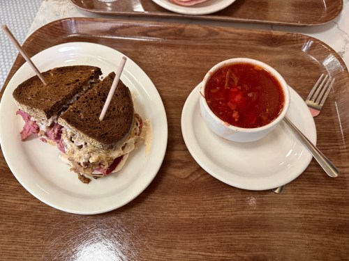 View of deli sandwich with soup