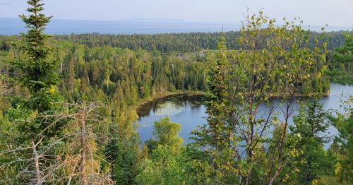 A view from the top of a ridgeline overlooking a lake.