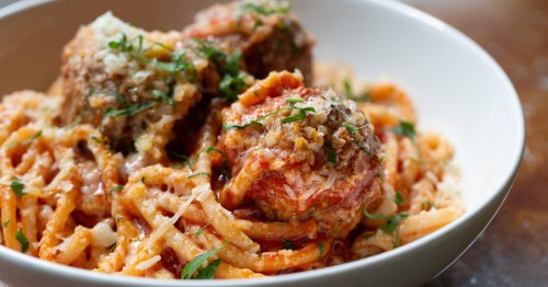 fresh pasta with meatballs, sauce, basil, and parmesan at grassa portland