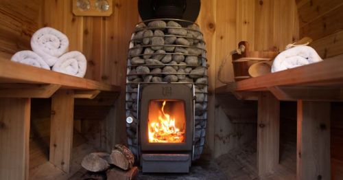 The interior of a wood-burning sauna