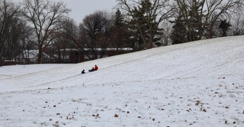 Kids sledding down a snowy hill at a Michigan winter recreation park.