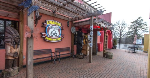 Exterior of the Uranus Fudge Factory and General Store. The quirky stop features a gift shop, museum and fudge factory and is a popular stop along Interstate 44.