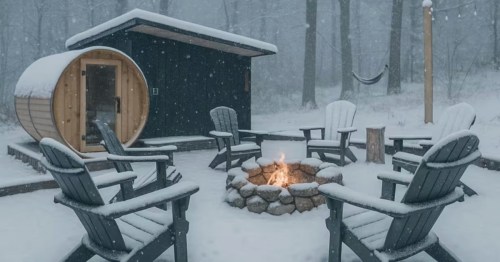 A snowy winter getaway cabin in Virginia with a sauna.