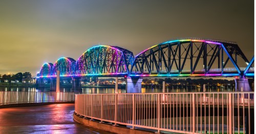 Big Four Pedestrian Bridge at night, most colorful places in Indiana