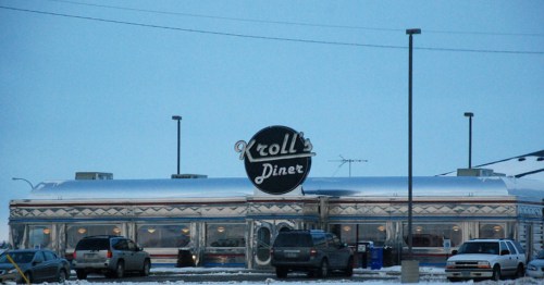 Exterior with vintage sign for Kroll's Diner in North Dakota