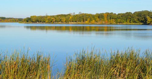A serene view of the lake and boat dock at Icelandic State Park in North Dakota, surrounded by lush green trees.