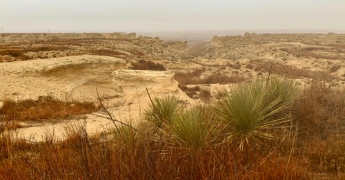 Panoramic view of white Niobrara Chalk rock formations and desert shrubs at Little Jerusalem Badlands State Park, Kansas.