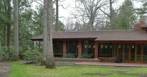 The exterior of the Zimmerman House in Manchester, NH. The home is a unique home designed by architect Frank Lloyd Wright.