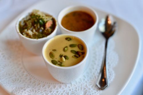 A demitasse of turtle soup, seafood gumbo and soup du jour